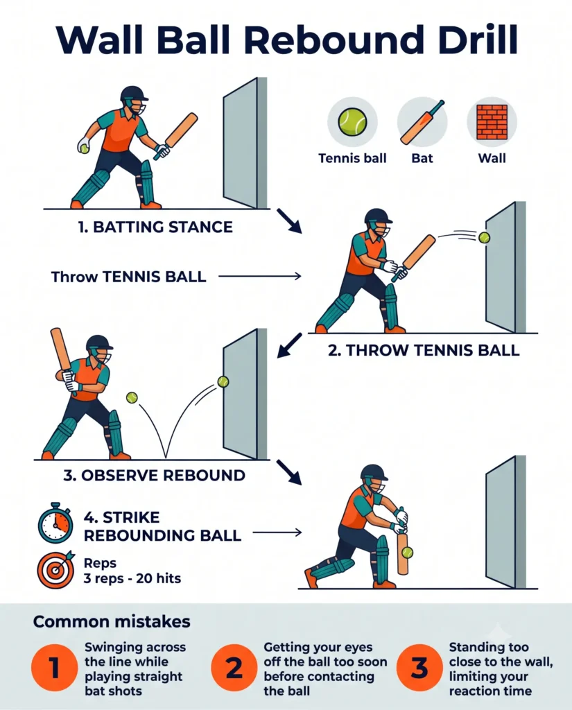 Player in batting stance hitting a tennis ball rebounding off a wall